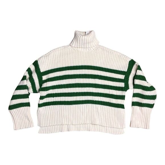 Madewell Sweater Womens‎ M Cream Ribbed Green Striped Wide Turtleneck NO064 - Picture 2 of 14